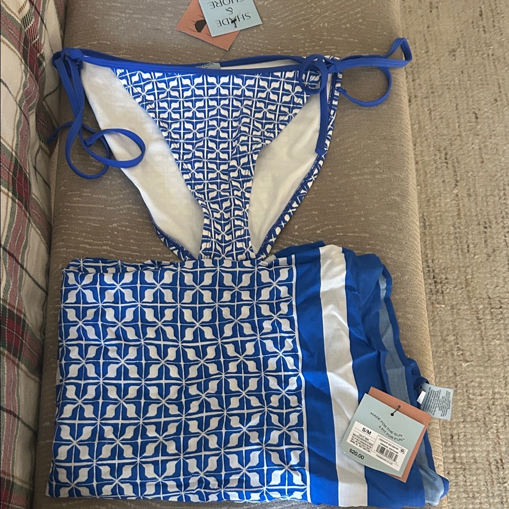 Shade and Shore Blue Geometric Bikini bottom and sarong NWT